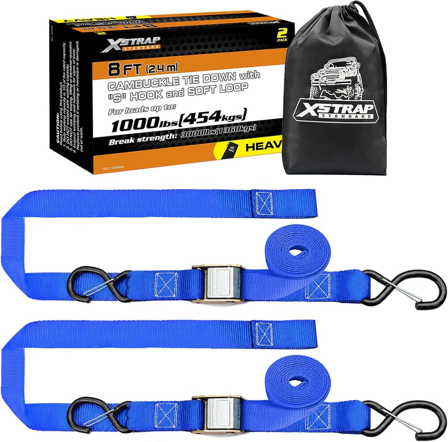 XS16008-Blue 2-PK Motorcycle Straps Cambuckle Tie Down 1.5" X 8FT, Blue 3000lb Break Strength Heavy-Duty Handlebar Straps, Safety S-Hooks & Soft Loops for Dirt Bike, ATV, Boat and Kayak