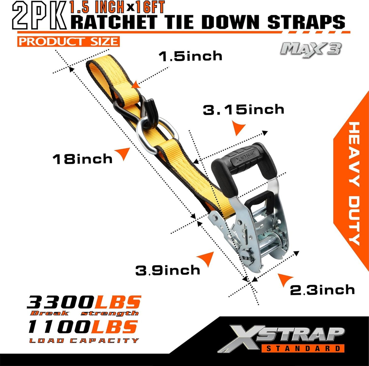 XS16092-2Y 2 Pack 1.5" x 16Ft Ratchet Tie Down Straps w/Double J Hook 3,300 lb Break Strength, Heavy Duty Tie Down Straps for ATV, UTV, Truck, Motorcycle & Cargo Hauling, , Kayak, Trailer, Yellow