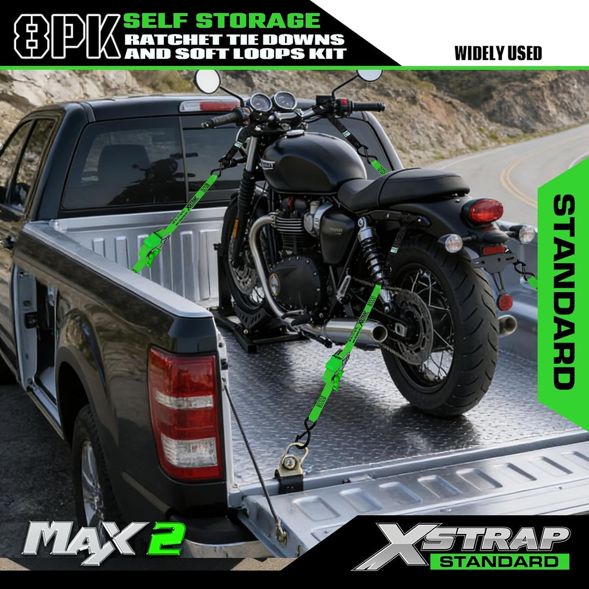 X61169 4-PK 1" x 15ft Self-Storing Ratchet Tie Down Straps, Green 1500 lbs Break Strength Hand Crank Cargo Straps with Soft Loops & Safety S Hooks for Truck Trailer Motorcycle Van ATV UTV