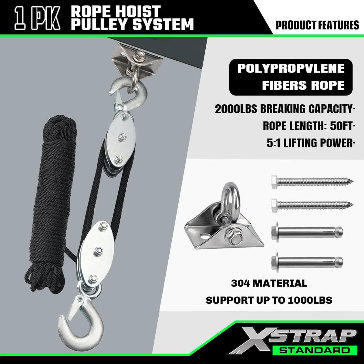 AHLT0004 Rope Hoist Pulley System, 1000LB Capacity Block and Tackle 1000 Working Load, 2000 LB Break Strength, 50 FT Rope Hoist with 2 Soft Loops for Garage, Hunting & DIY Attic Lift