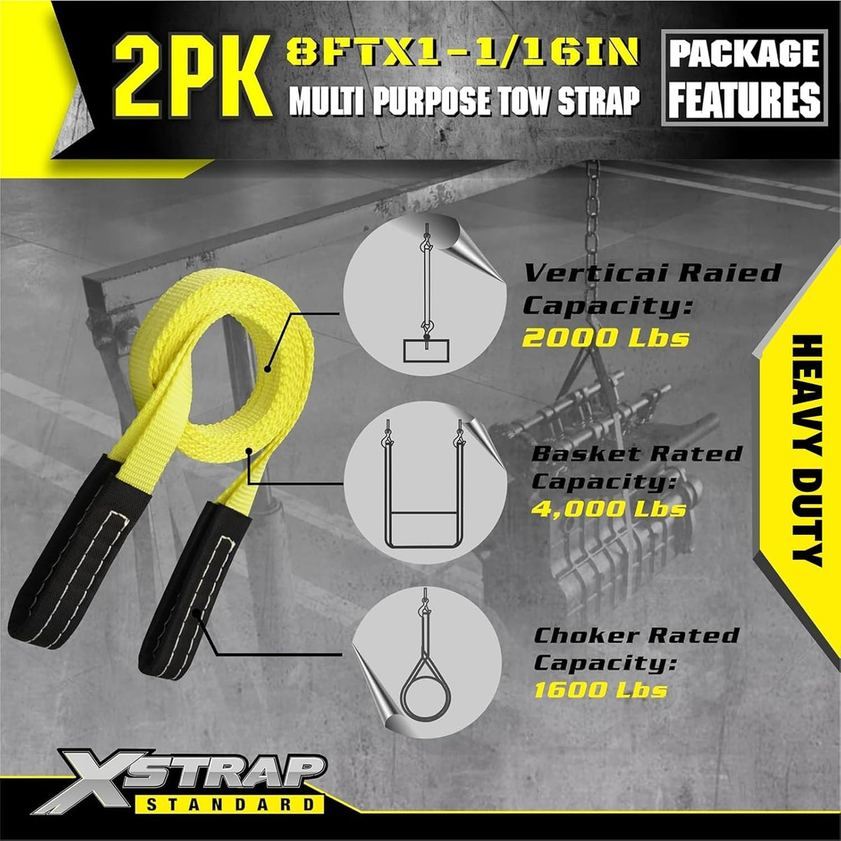 XS16018 2PK 1"x8' Lift Sling Straps Wear Guard End Heavy Duty Strap 4,000 lbs Break Strength Lifting Straps with 2 Reinforced Loops for Tree Saver Lifting Furniture Appliances Machine, hoisting