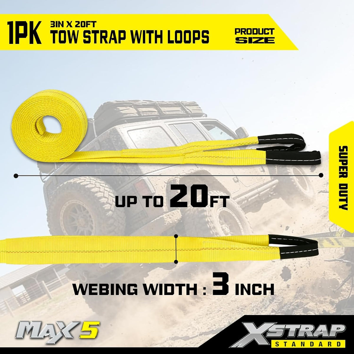 XS61907 Heavy Duty 3" x 20ft Recovery Snatch Truck Tow Strap 30000 Lb Break Strength, Abrasion Sleeve & Triple Reinforced Loops, Emergency Towing Strap for Off-Road, SUV and Jeep