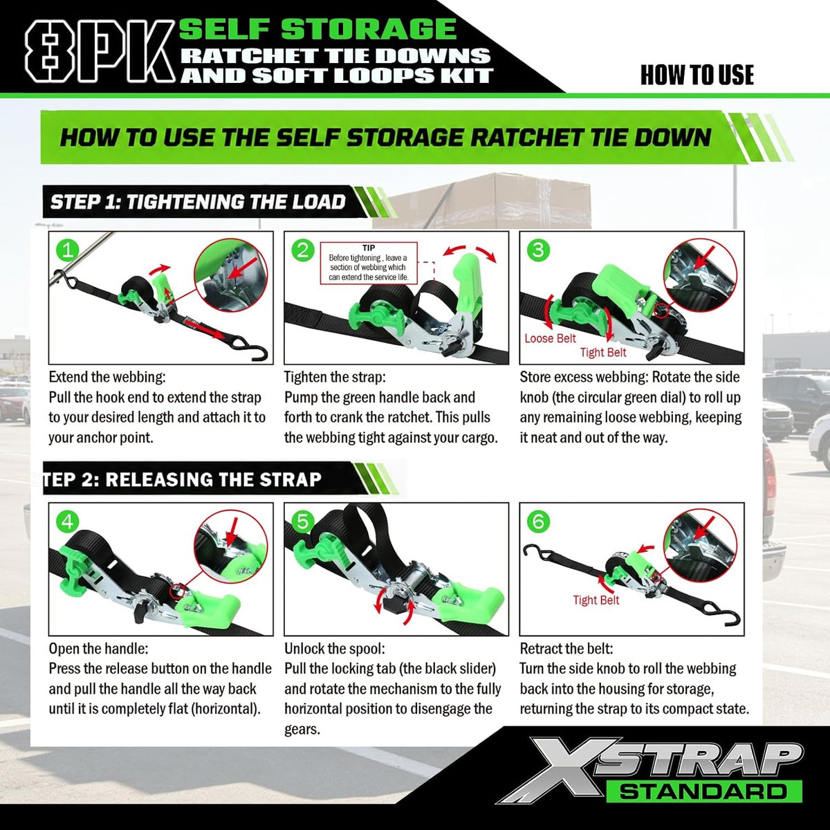 X61170 4-Pack 1" x 15ft Self-Storing Ratchet Tie Down Straps, Camo 1500 lbs Break Strength Hand Crank Cargo Straps with Soft Loops & Safety S Hooks for Truck Trailer Motorcycle Van ATV UTV