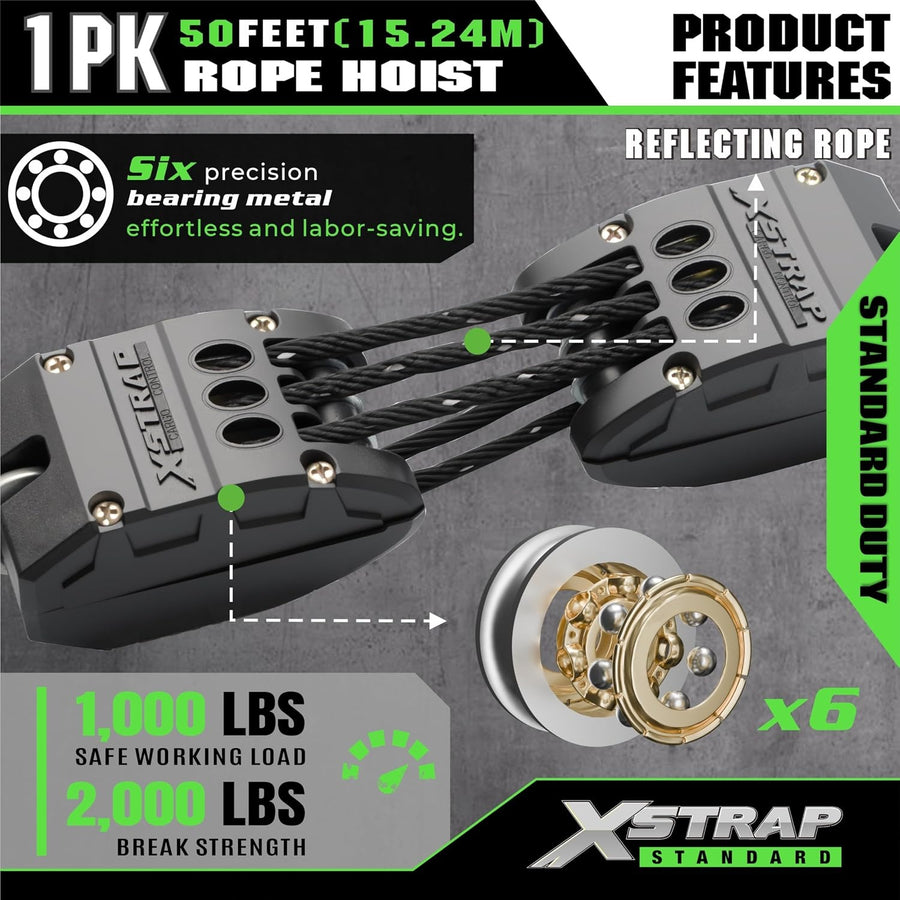 AHLT0003-Reflective 50FT Reflective Rope Hoist Pulley Block & Tackle 5:1 System 1000 Working Load, 2000 LB Break Strength, 50 FT Rope Hoist with 2 Soft Loops for Garage, Hunting & DIY Attic Lift