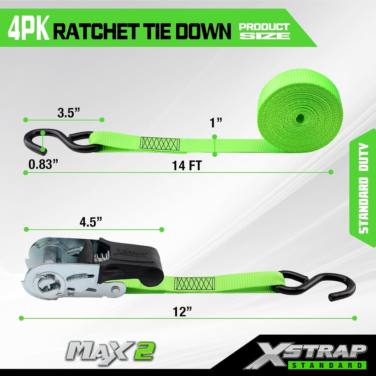 XS16019 4 Pack 1" x 15FT Ratchet Tie Down Straps, Motorcycle Straps, 1500Lbs Break Strength, Abrasion-Resist Webbing with Coated S Hook for Moving Appliances, Lawn Equipment, ATV, Truck, Green