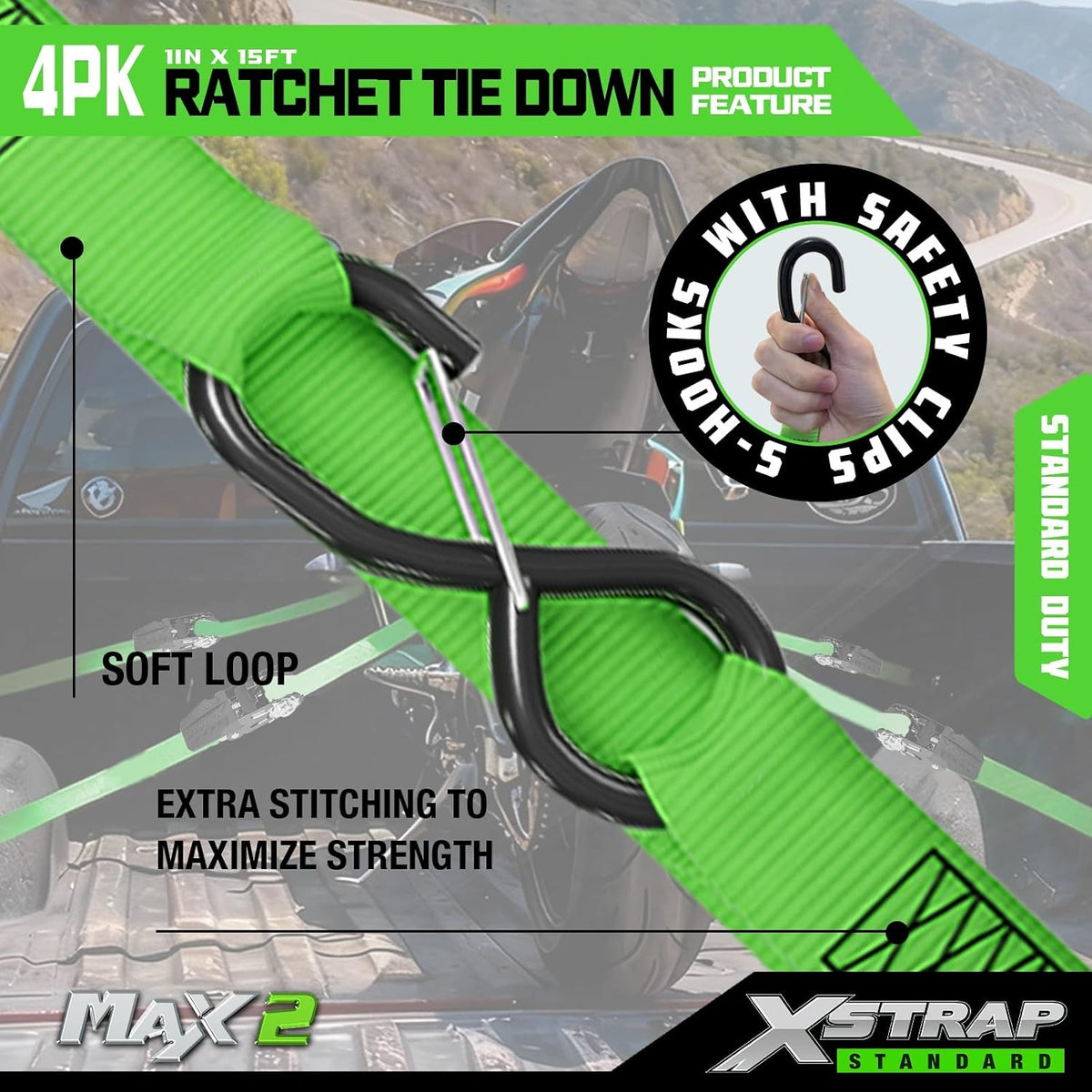 XS11223 1''x15Ft Ratchet Tie Down Straps 4PK, Integrated Soft Loops 2,200 Lbs Break Strength Heavy Duty Padded Handles Ratchet Straps for Kayak Trailer ATV Truck and Moving, Black