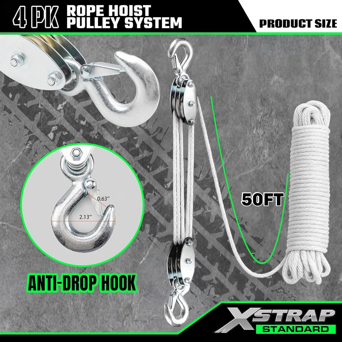 AHLT0001-White Heavy-Duty 50 FT Rope Hoist, 2,000 LB Breaking Strength 1000lbs Work Load, Metal Wheel Bearing Block And Tackle Pulley System for Lifting Heavy Objects, Includes 2 Soft Loops, White