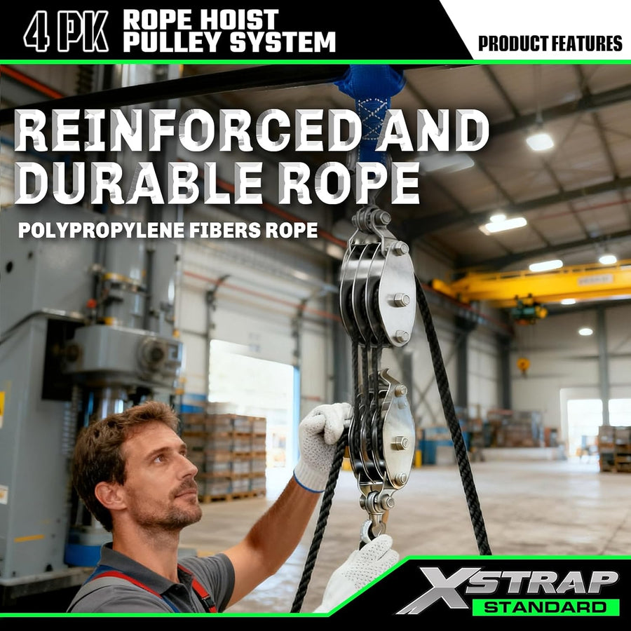 AHLT0001 Heavy-Duty 2,000 LB Breaking Strength 50 FT Rope Hoist 1000Lbs work load, metal wheel bearing pulley for lifting heavy objects, includes 2 soft loops, heavy-duty rope hoist (Black)