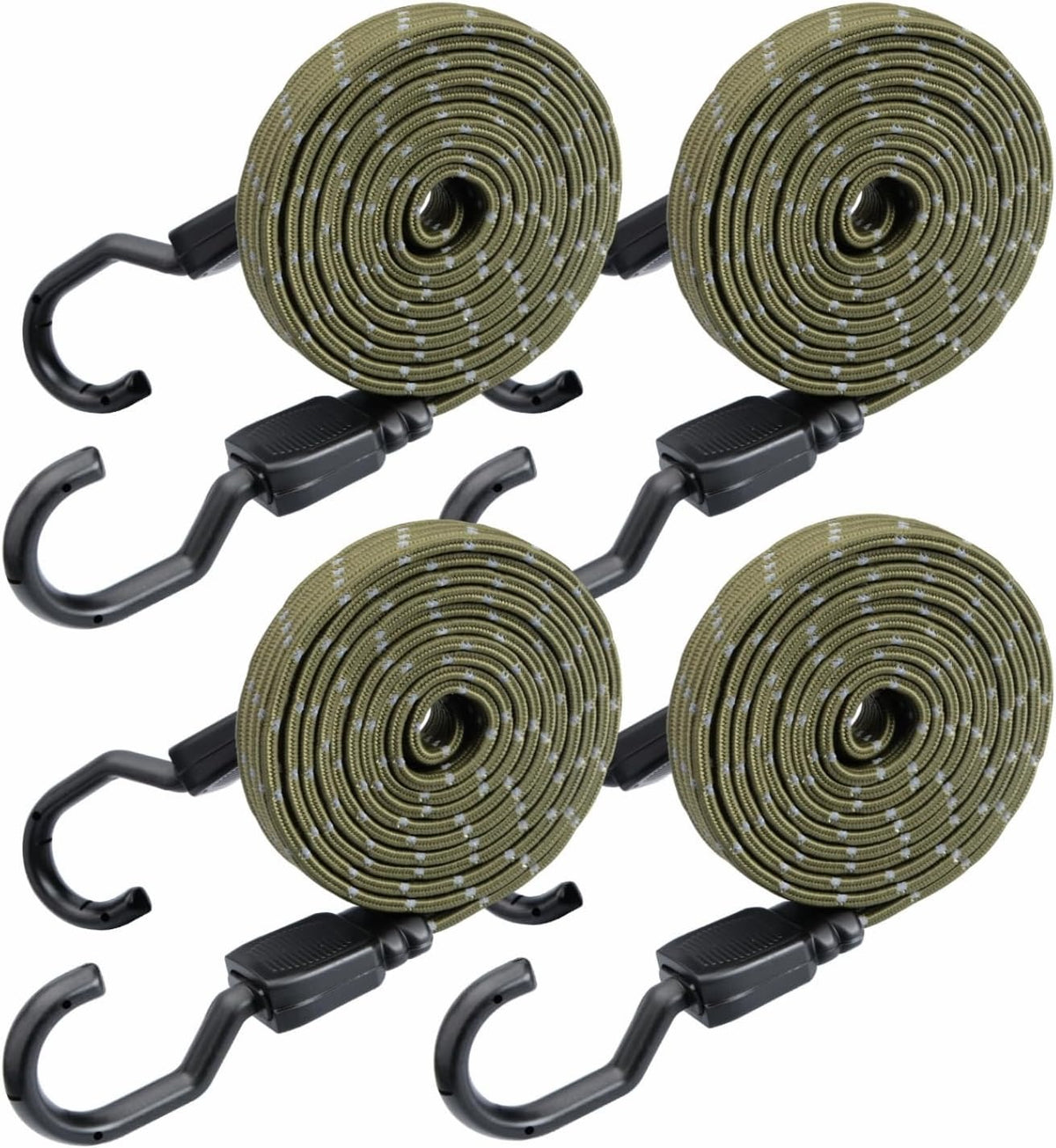 XS16031-4PCS Reflectlight 4 PCS 77 Inch Flat Reflective Bungee Cords with Hooks Heavy Duty Army Green Bungee Straps for Bike Rack, Cargo, Luggage, Camping, Trunk Cargo and Outdoor Gear Securing