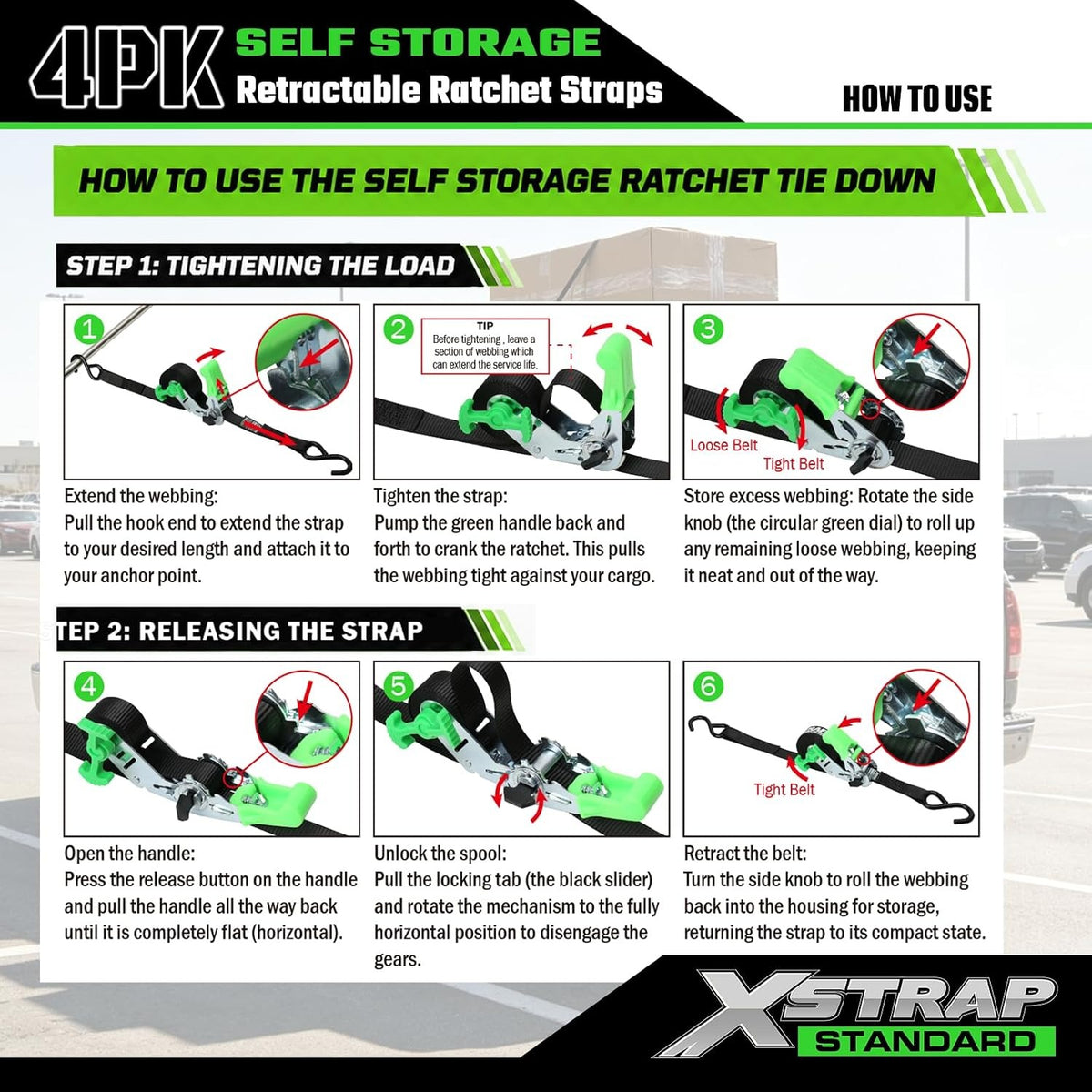 X61167 4-Pack 1" x 15ft Self-Storing Ratchet Tie Down Straps, Camo 1500 lbs Break Strength Hand Crank Cargo Straps with S Hooks for Truck Trailer Pickups Motorcycle Van ATV UTV