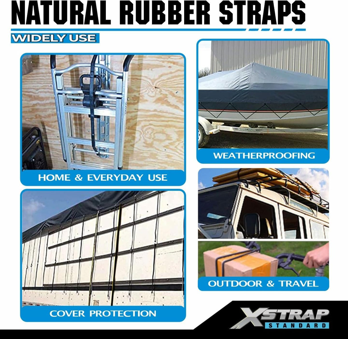 XS35005-1  Multi Size 20PK EPDM Bungee Cords Natural Rubber Tarp Strap Heavy Duty 15" 21" 31" Elastic Tie Downs with Metal Crimped S Hooks for Securing Camping, Canvases, Cargo, Flatbed Trailers