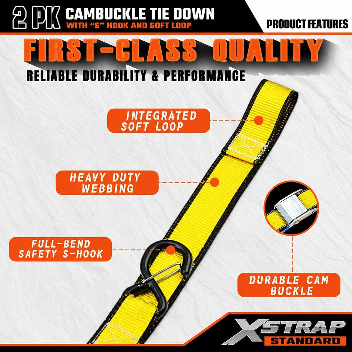 XS16008-Yellow 2-PK Motorcycle Straps Cambuckle Tie Down 1.5" X8FT, Yellow 3000lb Break Strength Heavy-Duty Handlebar Straps, Safety S-Hooks & Soft Loops for Dirt Bike, ATV, Boat and Kayak