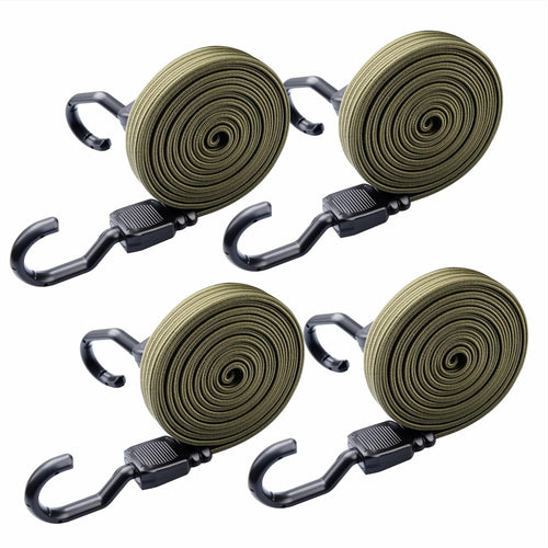 XS16031-Army Green 4 PCS 77 Inch Flat Bungee Cords with Hooks Heavy Duty Army Green Bungee Straps for Bike Rack, Cargo, Luggage, Camping, Trunk Cargo and Outdoor Gear Securing