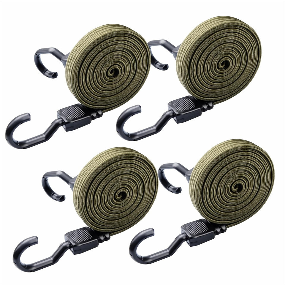 XS16031-Army Green 4 PCS 77 Inch Flat Bungee Cords with Hooks Heavy Duty Army Green Bungee Straps for Bike Rack, Cargo, Luggage, Camping, Trunk Cargo and Outdoor Gear Securing