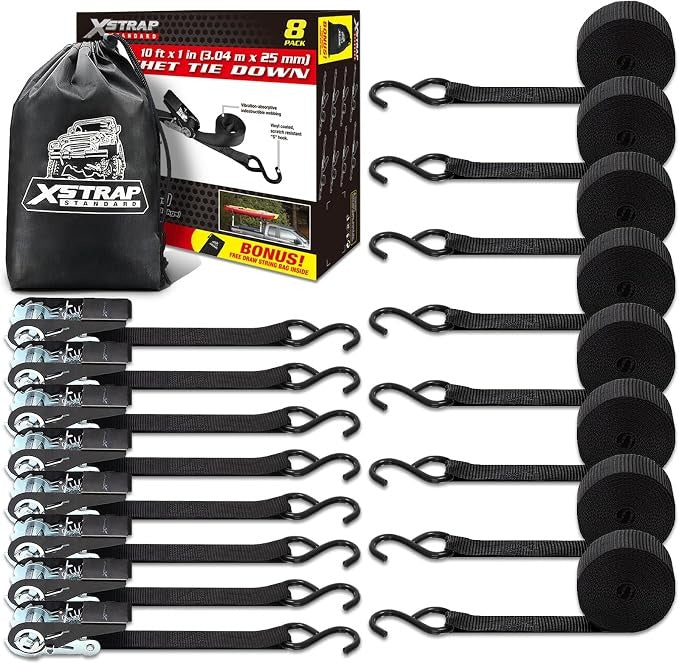 XS16044-BlackXSTRAP STANDARD 8-PK Ratchet Tie Down Straps, 1" x 10FT Cargo Straps, Black 900 Lbs Break Strength Securing Straps with S-Hook for UTV, ATV, Pickup,Truck, Moving Appliances, Lawn Equipment