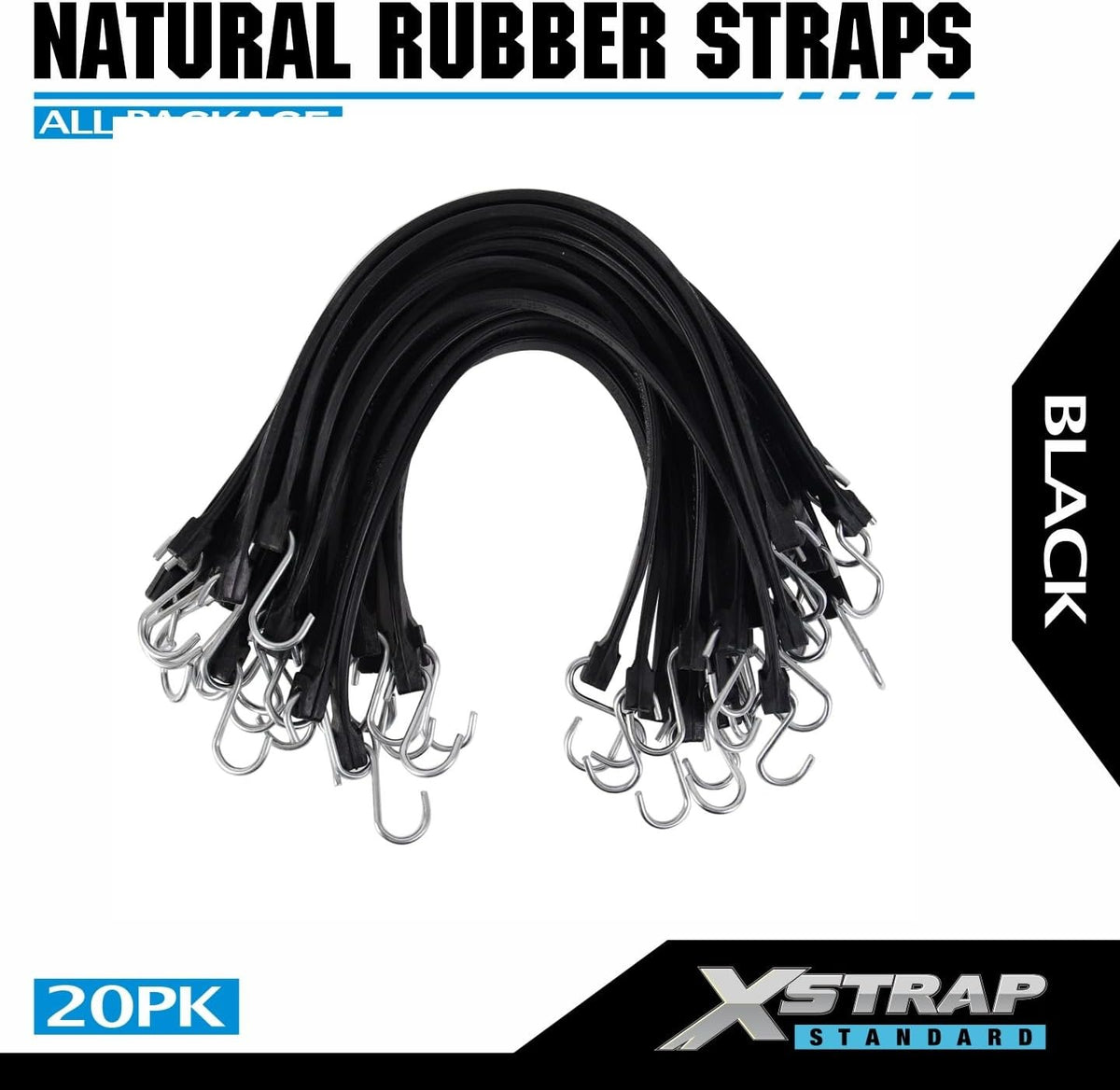 XS35003-1 21" 100% EPDM Bungee Cords 20PK Natural Rubber Tarp Straps Heavy Duty Weatherproof Elastic Tie Downs with Metal Crimped S Hooks for Securing Camping, Canvases, Cargo, Flatbed Trailers