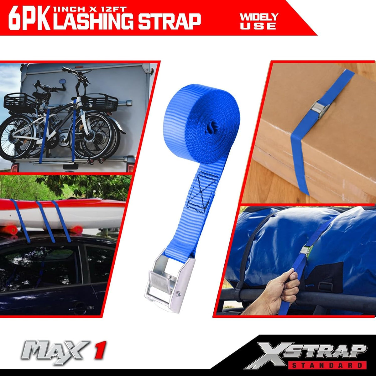 XS61091 Cambuckle Tie Down Strap 6-Pack 1"x12' Cargo Lashing Straps 1000 lb Break Strength 1-inch Powersports Tie Down with Carry Bag for Securing Luggage Motorcycles Trailer Rack Kayak, Blue