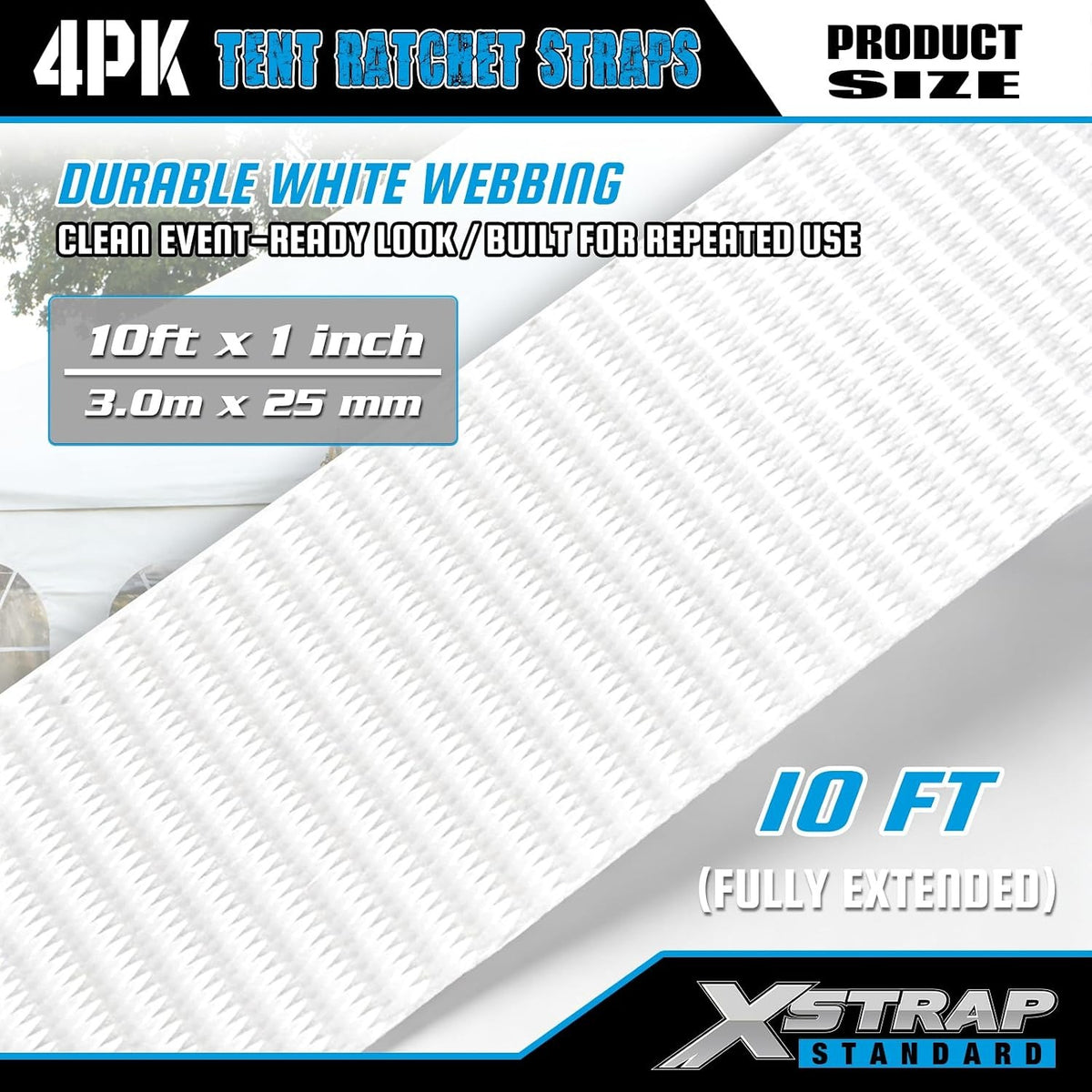 XS16100 4PK 1" × 10FT Ratchet Tie Down White Tent Securing Straps, 2500lbs Breaking Strength Heavy Duty Endless Moving Straps, Track Spring Fittings, Tie Downs for Tents/Trailers/Kayaks/Truck