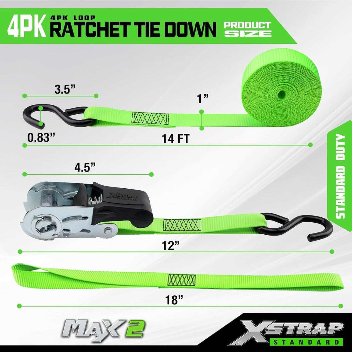 XS16019-2 4 Pack 1" x 15Ft Ratchet Tie Down Straps with 4 Soft Loops, 500Lbs Load Cap, 1500Lb Break Strength, Abrasion-Resist Webbing for Moving Appliances, Lawn Equipment & Motorcycle, Green