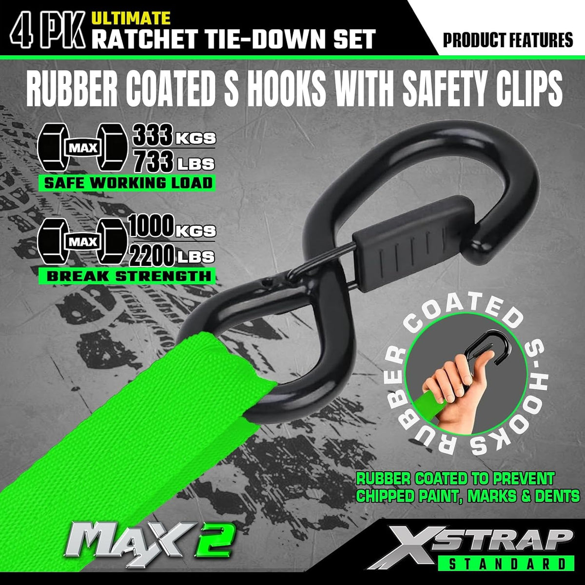 X61795 4PK 1"x15ft Motorcycle Ratchet Tie Down Straps with S-Hooks 2,200 Lbs Break Strength Heavy Duty Padded Handles Ratchet Straps for Kayak Trailer ATV Truck and Moving, Black