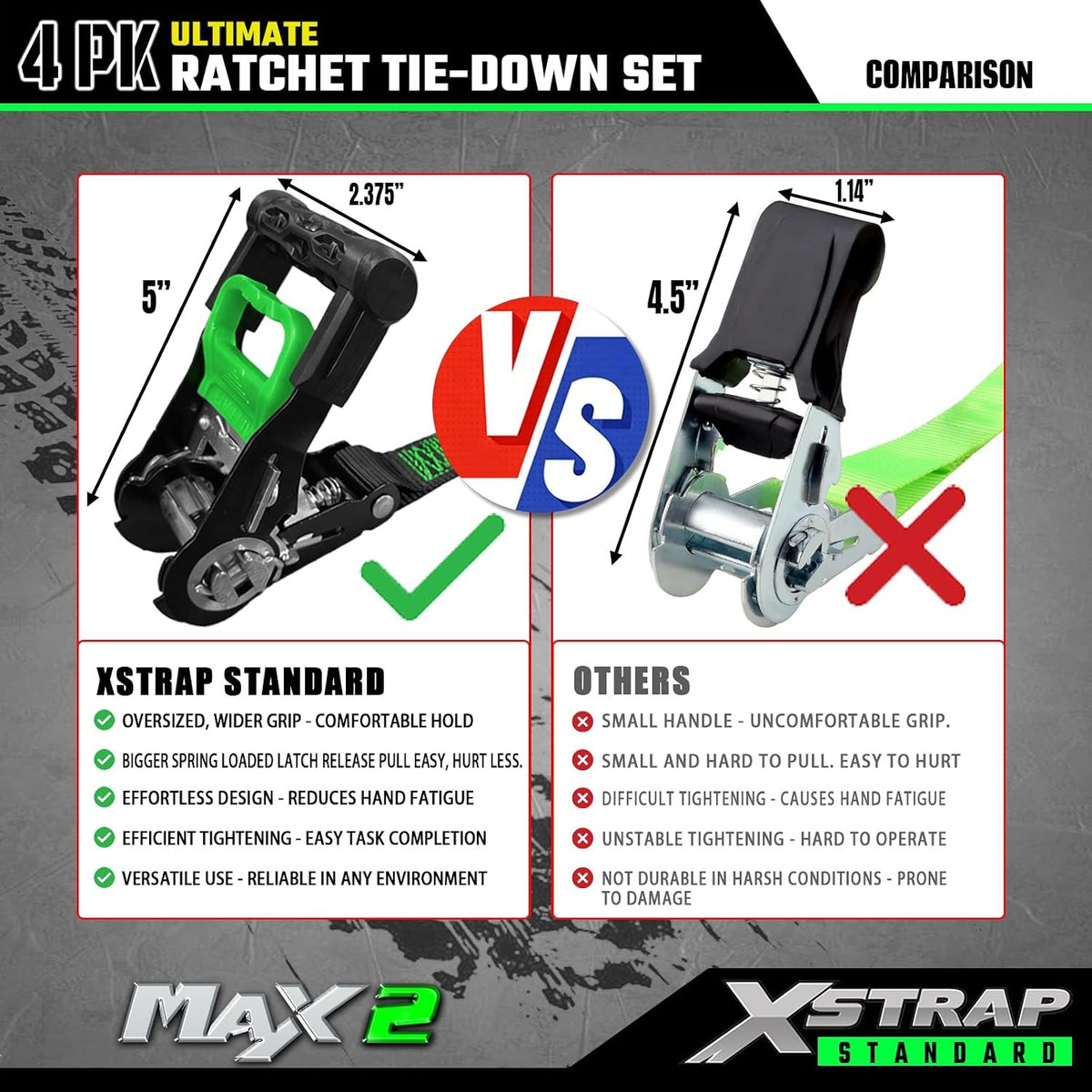 X61795B 4PK 1"x15ft Motorcycle Ratchet Tie Down Straps with S-Hooks 2,200 Lbs Break Strength Heavy Duty Padded Handles Ratchet Straps for Kayak Trailer ATV Truck and Moving, Black