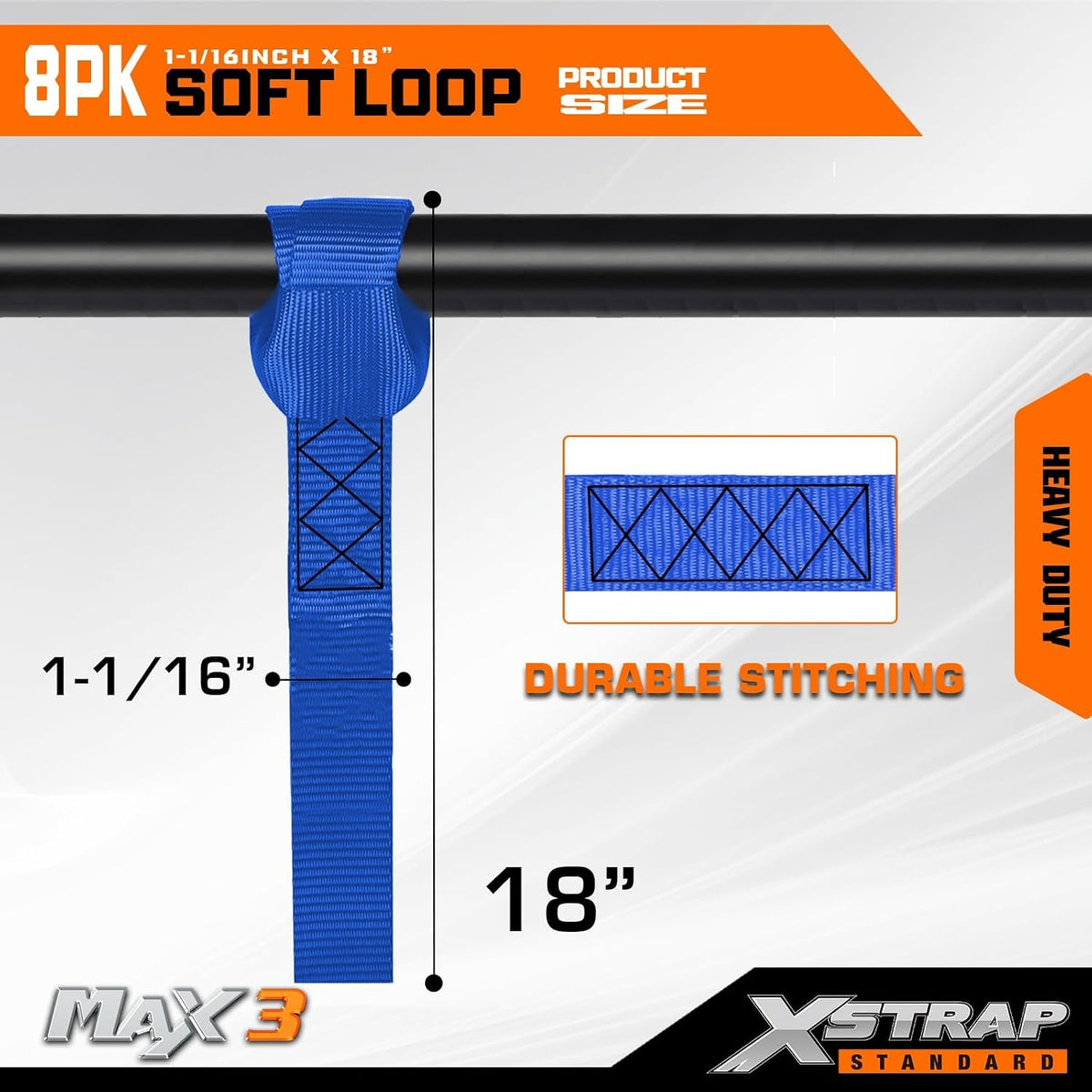XS16004-Blue 8PK Motorcycle Soft Loop Tie-Down Straps 1-1/16 x 18 inches 3,600LB Breaking Strength, Loop Straps for Securing Trailering, Bikes, ATV, UTV, Scooters, Dirt Bikes, Lawn Equipment, Black