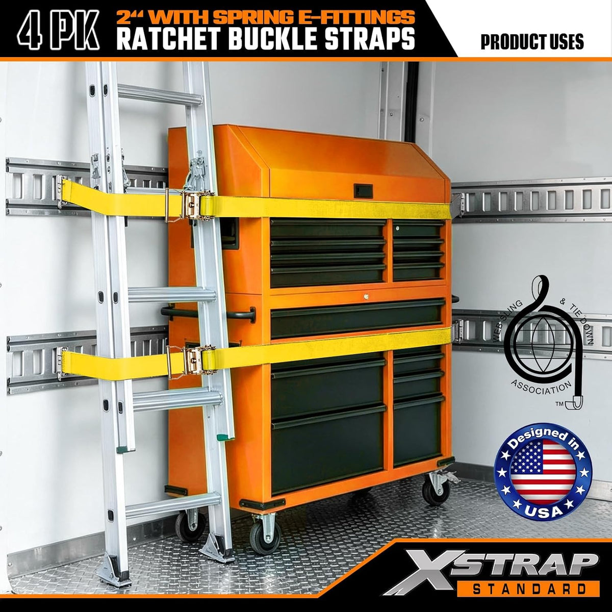 4-PK 2" x 12' E-Track Heavy Duty Ratchet Tie Down Straps 4,400lbs Break Strength （yellow）63431