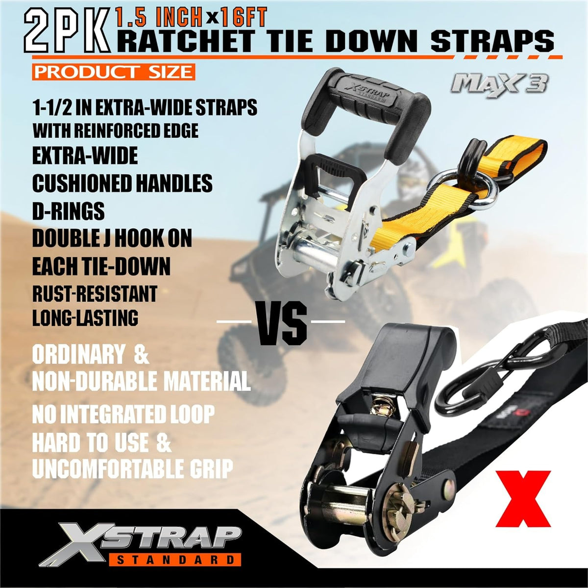 XS16092-2Y 2 Pack 1.5" x 16Ft Ratchet Tie Down Straps w/Double J Hook 3,300 lb Break Strength, Heavy Duty Tie Down Straps for ATV, UTV, Truck, Motorcycle & Cargo Hauling, , Kayak, Trailer, Yellow