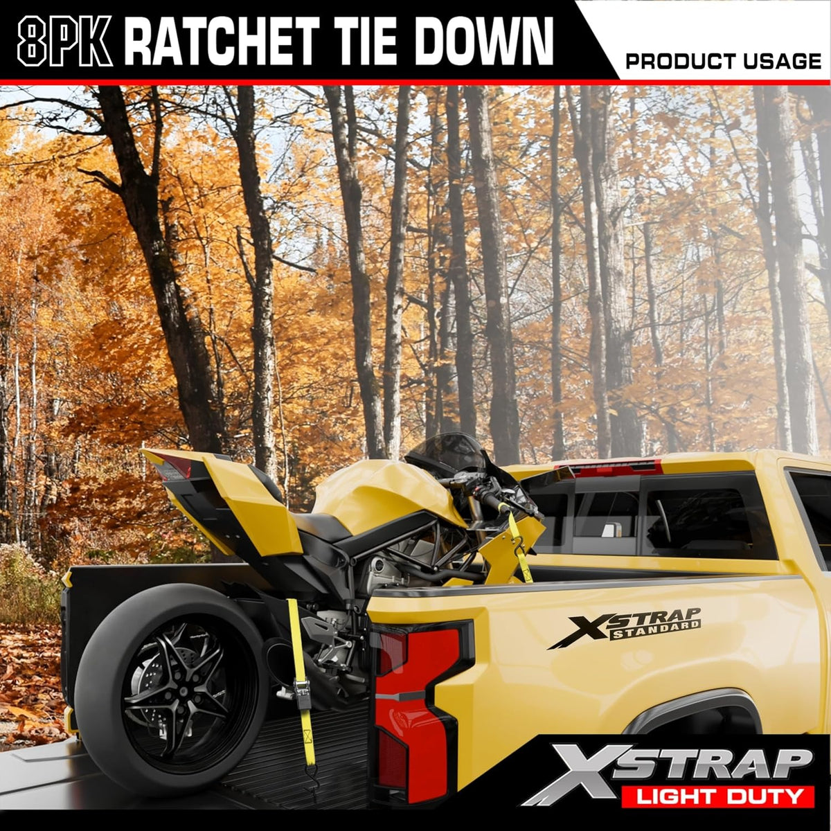 XS16044 8-PK Ratchet Tie Down Straps, 1" x 10ft Cargo Strap, Yellow	900 Lbs Break Strength Securing Straps with S-Hook for UTV, ATV, Pickup, Truck, Moving Appliances, Lawn Equipment, Yellow