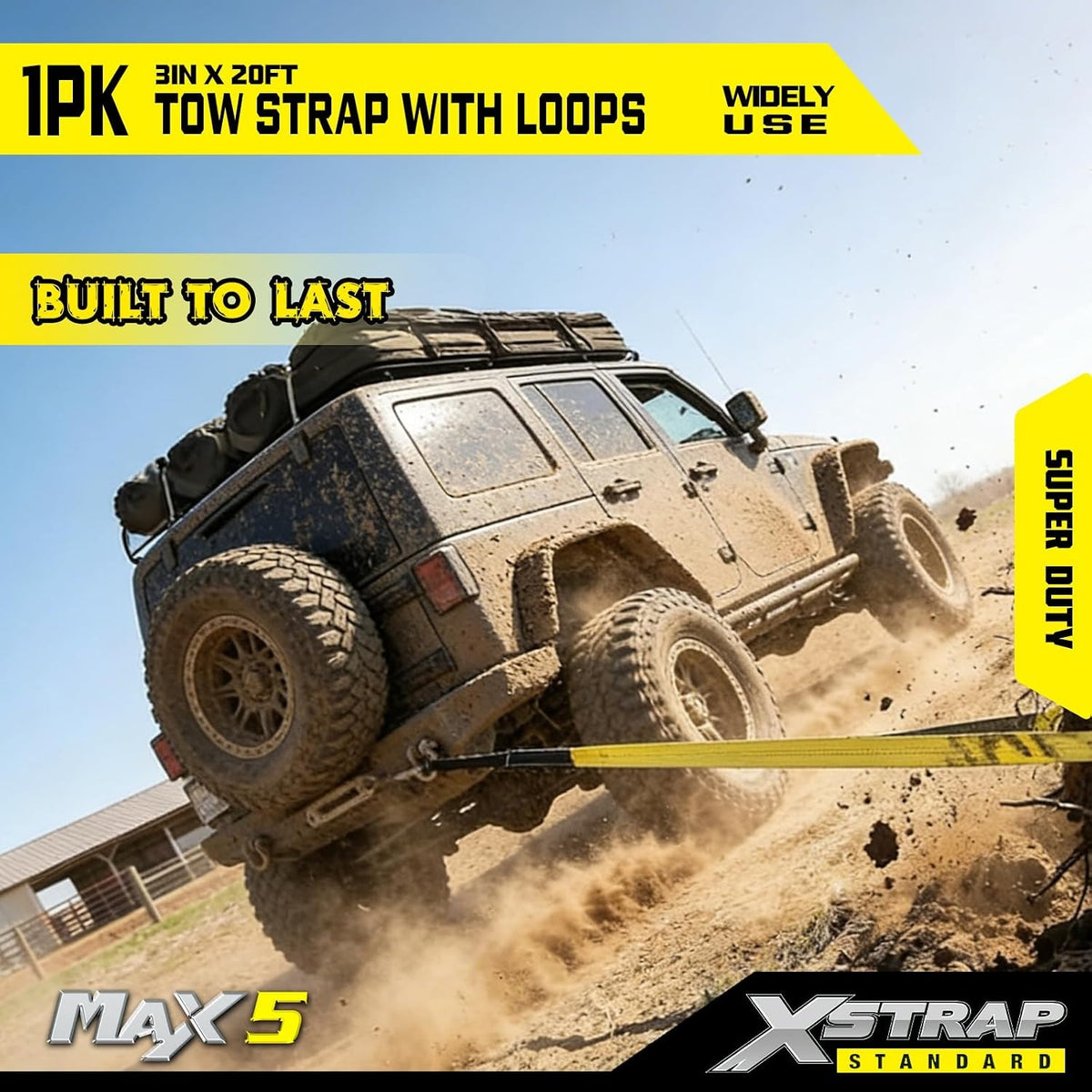 XS61907 Heavy Duty 3" x 20ft Recovery Snatch Truck Tow Strap 30000 Lb Break Strength, Abrasion Sleeve & Triple Reinforced Loops, Emergency Towing Strap for Off-Road, SUV and Jeep