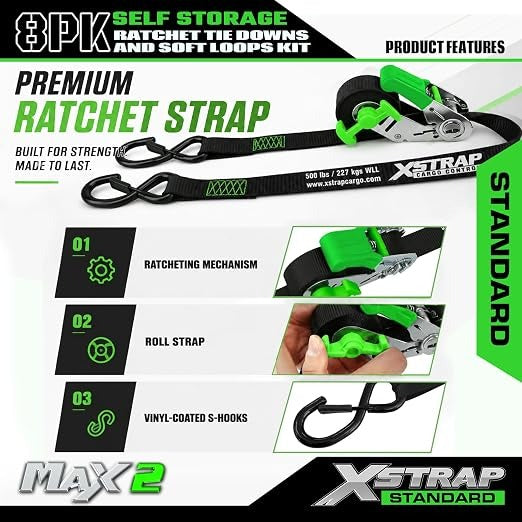 X61168 4-PK 1" x 15ft Self-Storing Ratchet Tie Down Straps, Black 1500 lbs Break Strength Hand Crank Cargo Straps with Soft Loops & Safety S Hooks for Truck Trailer Motorcycle Van ATV UTV