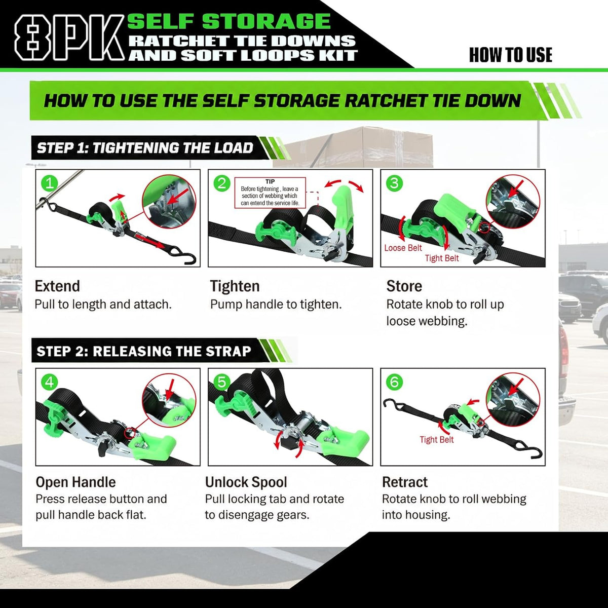X61169 4-PK 1" x 15ft Self-Storing Ratchet Tie Down Straps, Green 1500 lbs Break Strength Hand Crank Cargo Straps with Soft Loops & Safety S Hooks for Truck Trailer Motorcycle Van ATV UTV
