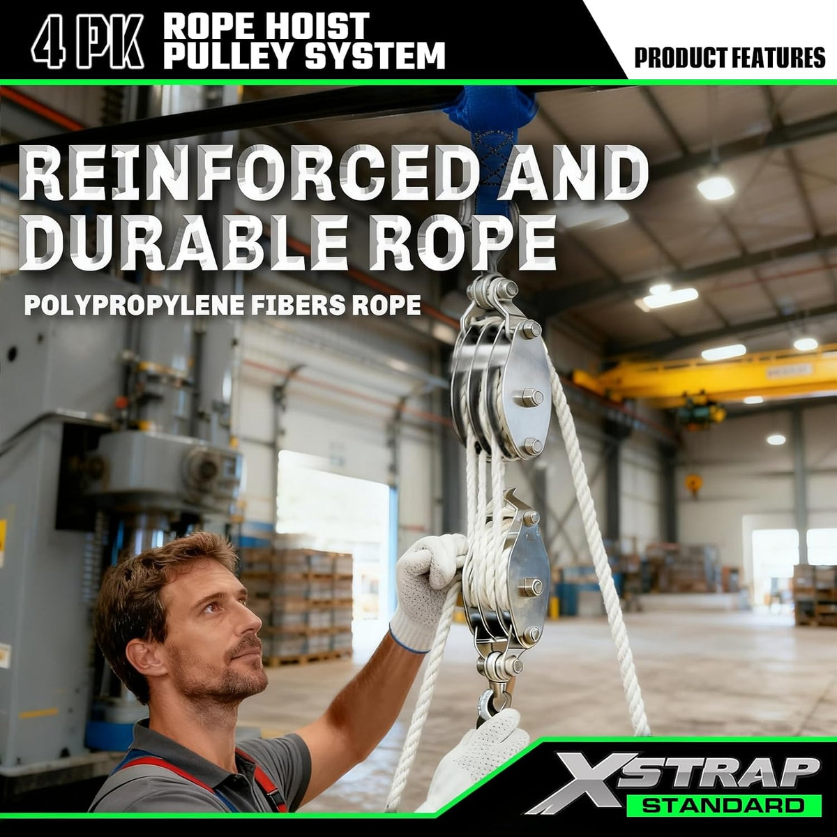 AHLT0001-White Heavy-Duty 50 FT Rope Hoist, 2,000 LB Breaking Strength 1000lbs Work Load, Metal Wheel Bearing Block And Tackle Pulley System for Lifting Heavy Objects, Includes 2 Soft Loops, White