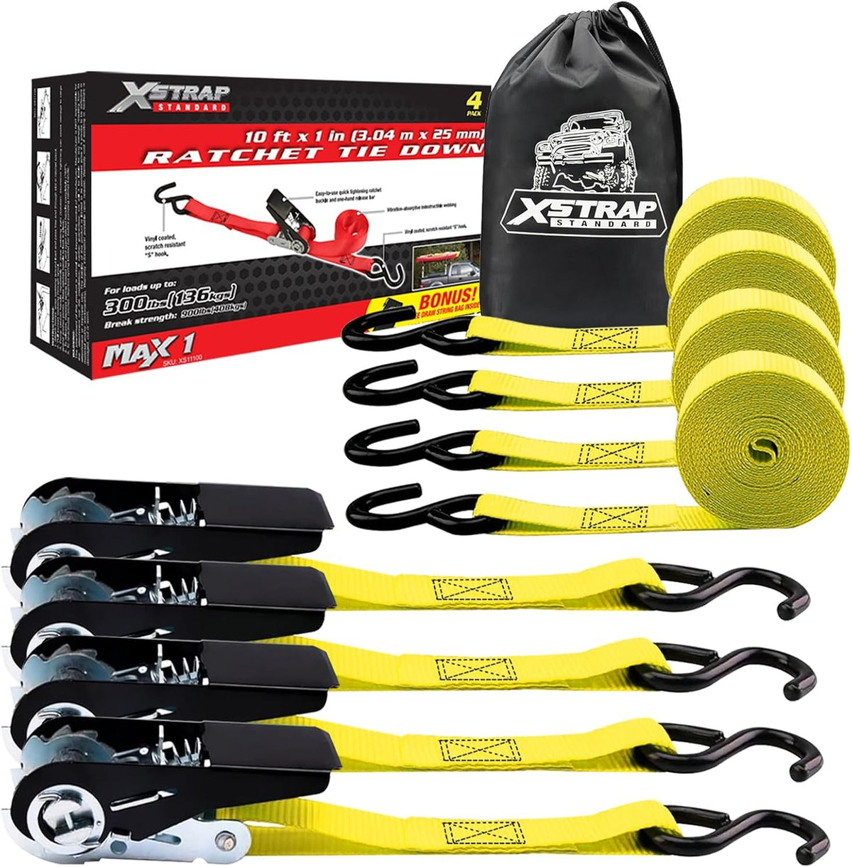 XS11100-1-Yellow 4-PK Ratchet Tie Down Straps, 1" x 10FT Cargo Straps,  900 Lbs Break Strength Securing Straps with S-Hook for UTV, ATV, Pickup,Truck, Moving Appliances, Lawn Equipment（副本）（副本）（副本）（副本）