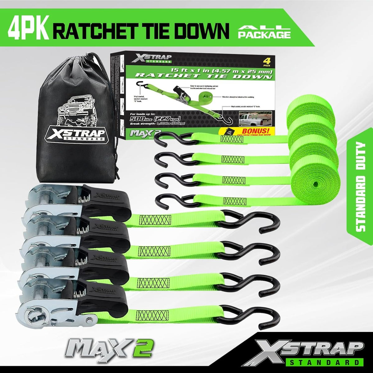XS16019 4 Pack 1" x 15FT Ratchet Tie Down Straps, Motorcycle Straps, 1500Lbs Break Strength, Abrasion-Resist Webbing with Coated S Hook for Moving Appliances, Lawn Equipment, ATV, Truck, Green