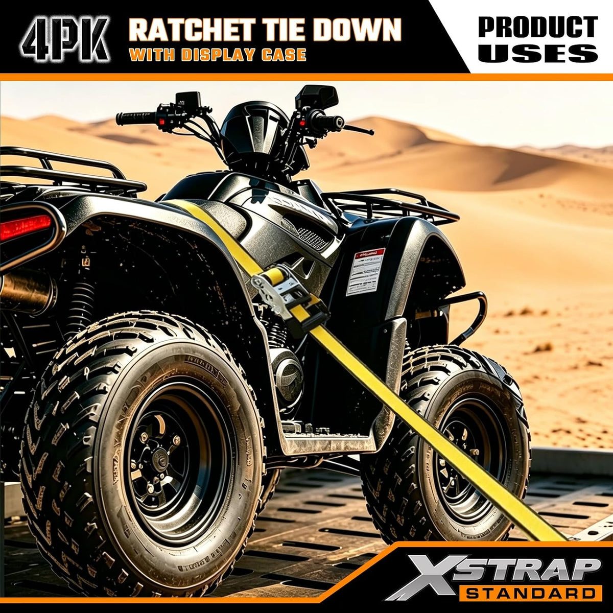 XS16092-4Y 4 Pack 1.5" x 16Ft Ratchet Tie Down Straps Double w/ J Hook, 3,300 lb Break Strength, Heavy Duty Tie Down Straps for ATV, UTV, Truck, Motorcycle & Cargo Hauling, Kayak, Trailer, Yellow