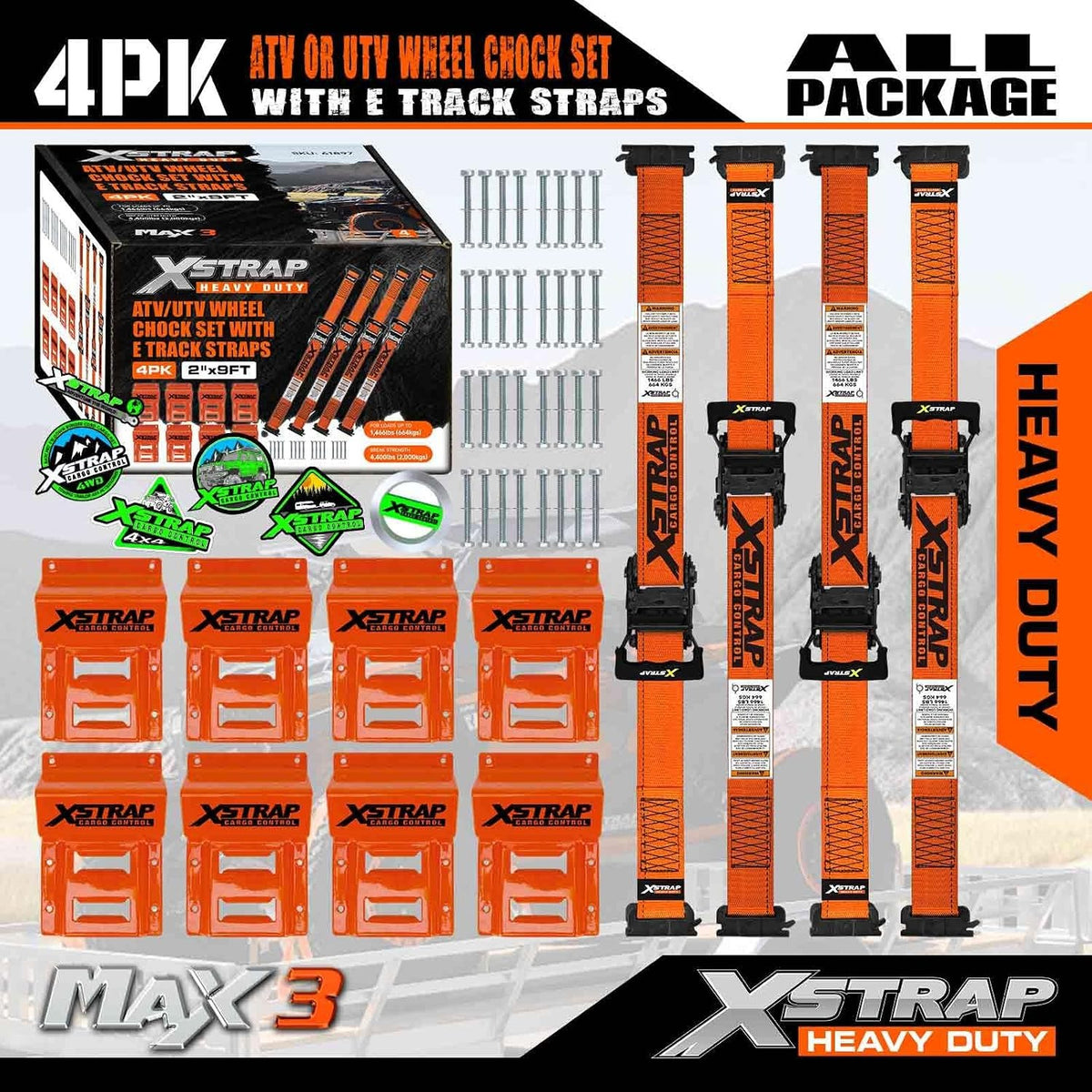X61897 Wheel Chock E-Track Tie Down Straps Kit, 4-Pack, 2" x 9FT 4,400lb Break Strength Over-The-Tire 4 Ratchet Straps with 8 Steel Wheel Chocks for ATV, UTV, Mower, Four Wheeler & Trailer