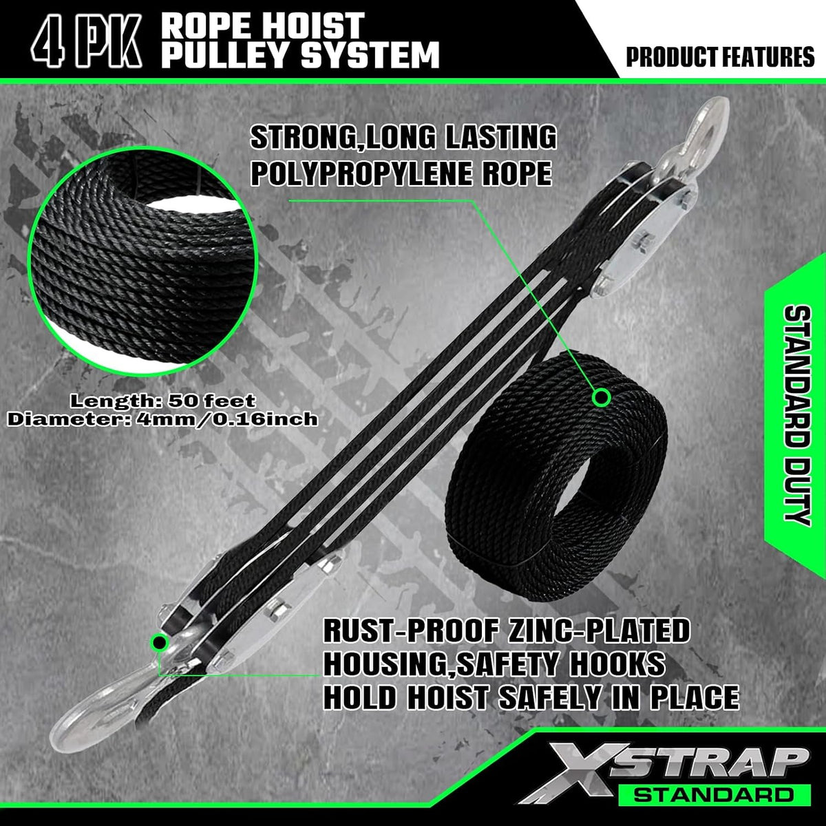 AHLT0001 Heavy-Duty 2,000 LB Breaking Strength 50 FT Rope Hoist 1000Lbs work load, metal wheel bearing pulley for lifting heavy objects, includes 2 soft loops, heavy-duty rope hoist (Black)