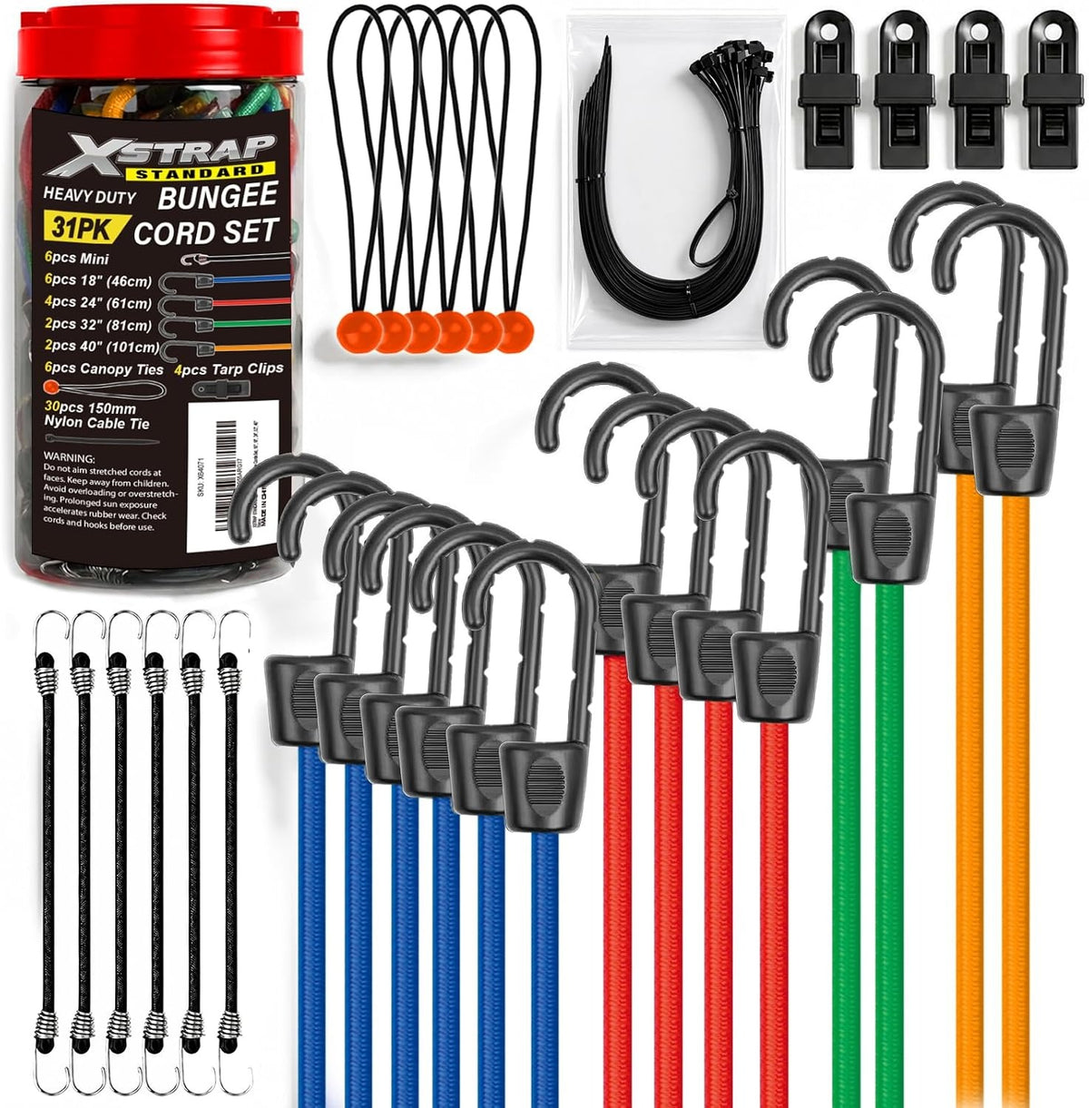 X64071 31-Piece Premium Bungee Cords Assortment with Storage Jar Mixed 10”,18”,24”,32”,40” Bungee Cords with Hooks, Bungee Balls, Tarp Clips & Zip Ties for Cargo, RV, Camping & Moving