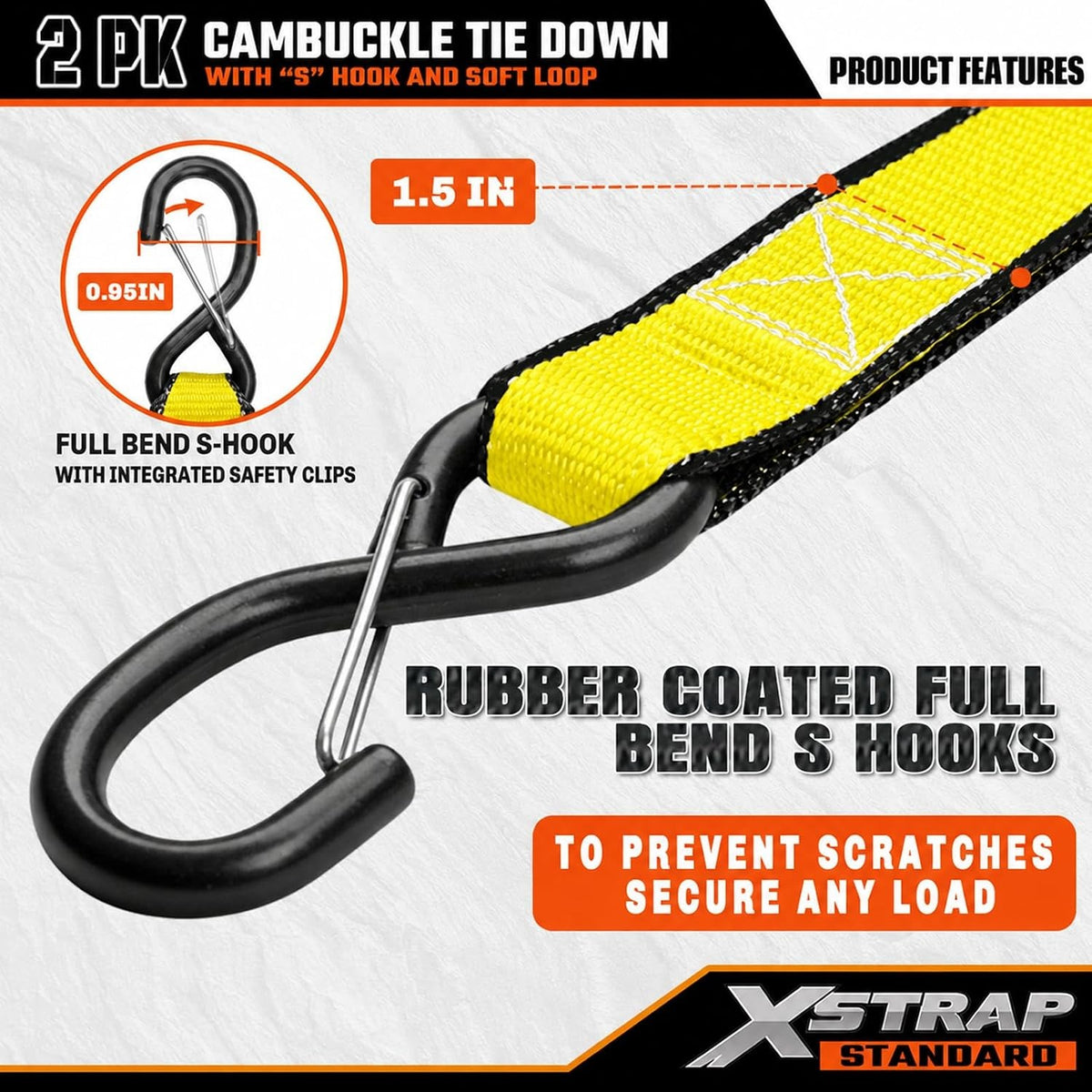 XS16008-Yellow 2-PK Motorcycle Straps Cambuckle Tie Down 1.5" X8FT, Yellow 3000lb Break Strength Heavy-Duty Handlebar Straps, Safety S-Hooks & Soft Loops for Dirt Bike, ATV, Boat and Kayak