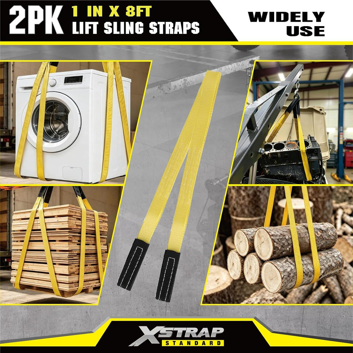 XS16018 2PK 1"x8' Lift Sling Straps Wear Guard End Heavy Duty Strap 4,000 lbs Break Strength Lifting Straps with 2 Reinforced Loops for Tree Saver Lifting Furniture Appliances Machine, hoisting