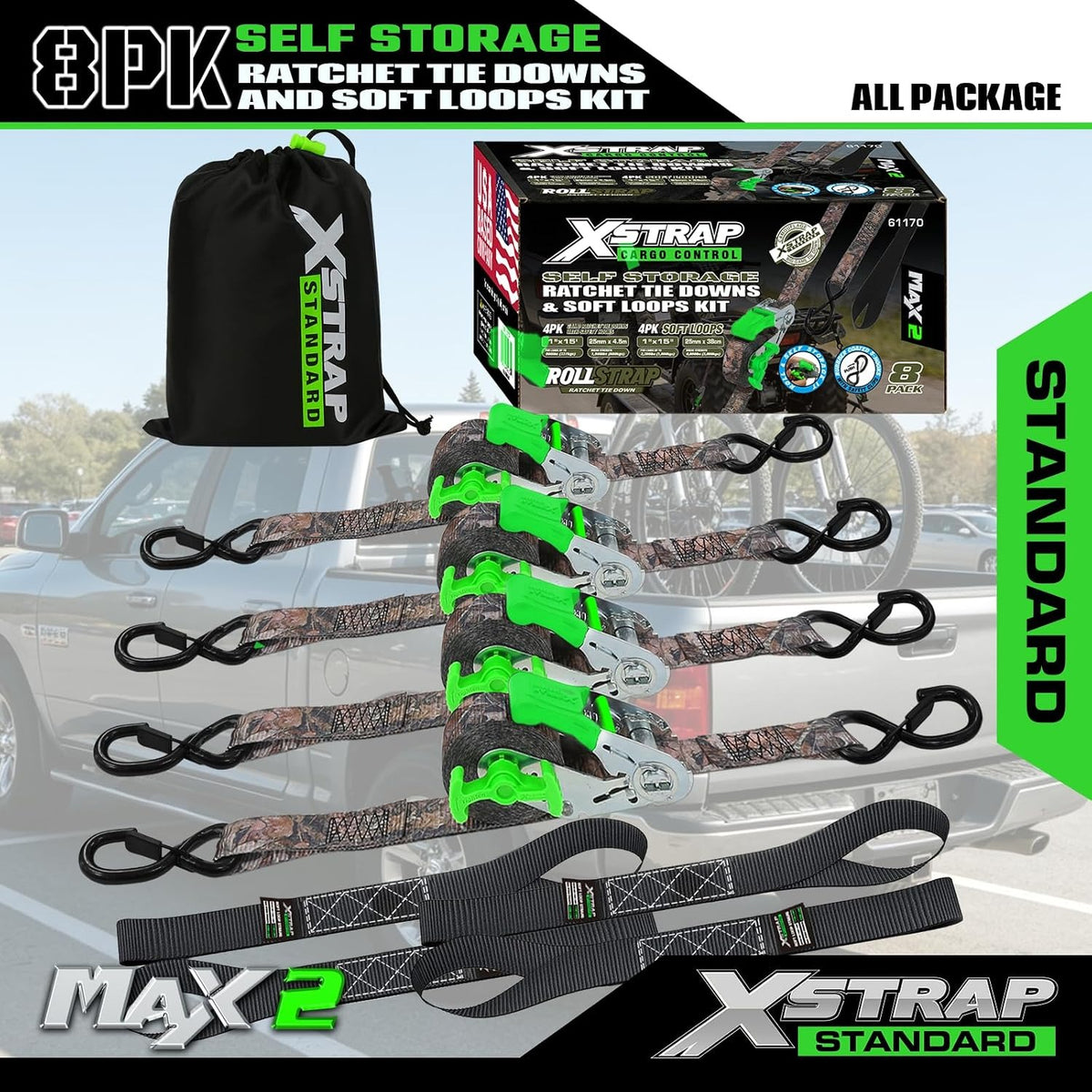 X61170 4-Pack 1" x 15ft Self-Storing Ratchet Tie Down Straps, Camo 1500 lbs Break Strength Hand Crank Cargo Straps with Soft Loops & Safety S Hooks for Truck Trailer Motorcycle Van ATV UTV