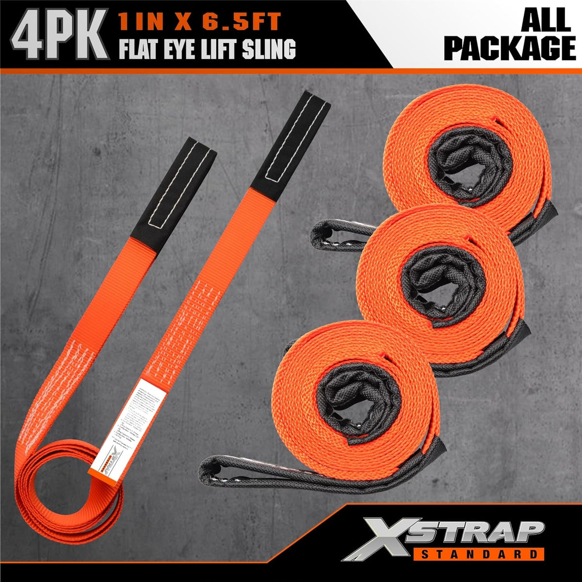 XS16097-4PK 1"x6.5ft Lifting Sling Straps 2000 lb Vertical Capacity 1600 lbs Choker / 4000 lbs Basket Capacity, 5:1 Safety Factor Polyester Web Slings for Rigging, Hoist, Tree Stump Removal