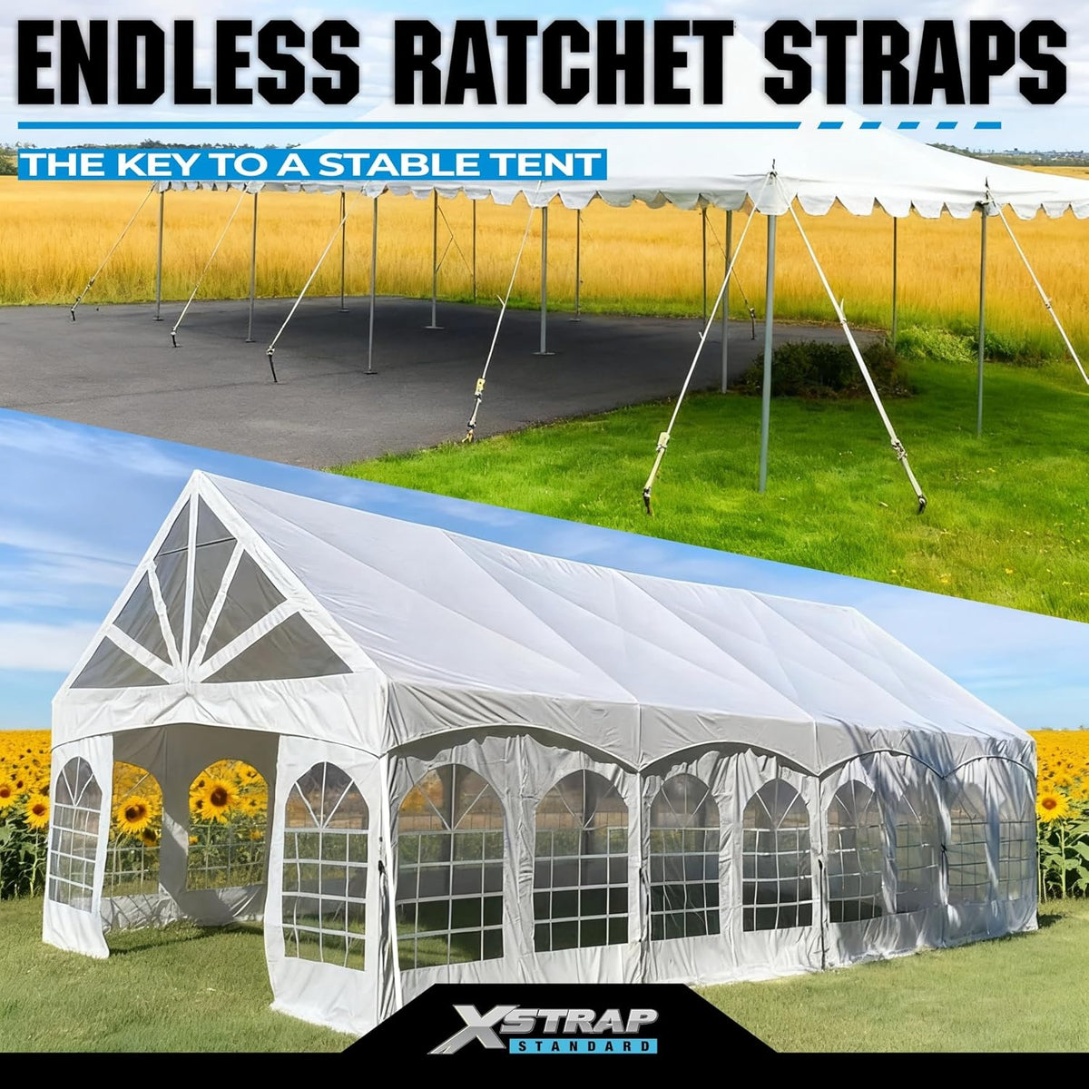 XS16100 4PK 1" × 10FT Ratchet Tie Down White Tent Securing Straps, 2500lbs Breaking Strength Heavy Duty Endless Moving Straps, Track Spring Fittings, Tie Downs for Tents/Trailers/Kayaks/Truck
