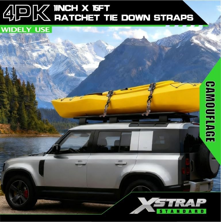 XS11220-Camouflage 4 Pack 1" x 15FT Ratchet Tie Down Straps, Motorcycle Straps, 1890Lbs Break Strength, Abrasion-Resist Webbing with Coated S Hook for Moving Appliances Lawn Equipment ATV Truck, Camouflage