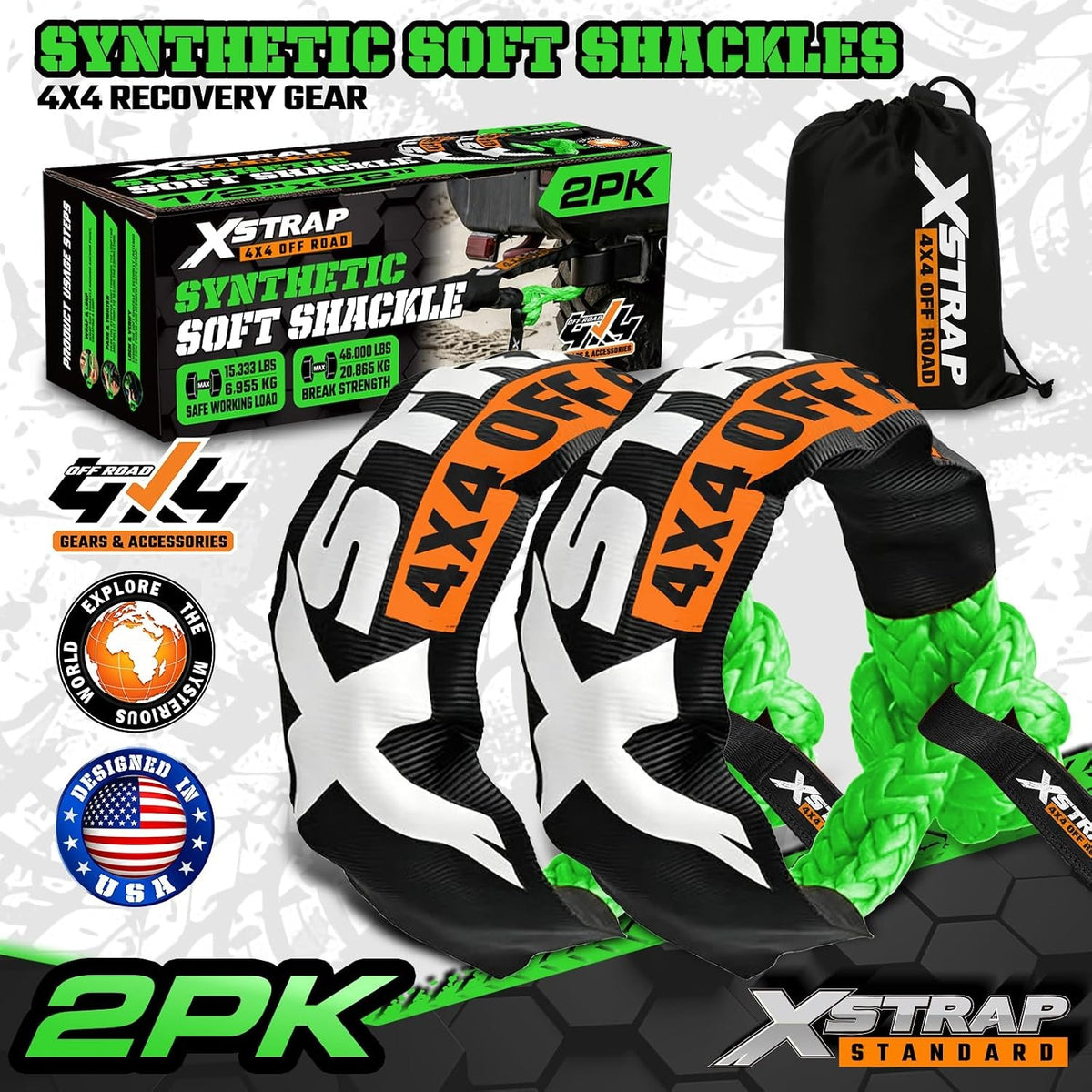 XS16094-Green Soft Shackle 2 Pack - 1/2” x 22” 46000 Lbs Tow Recovery, Synthetic Shackle Rope, Heavy Duty Recovery Gear for Towing, Winch, Jeep, ATV, UTV, Truck, Off-Road (Green)