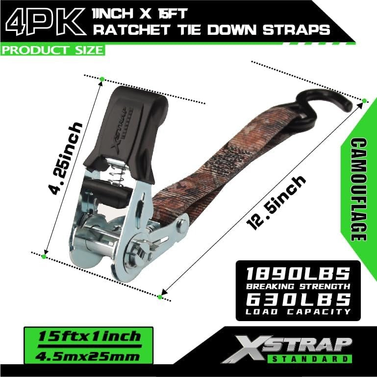 XS11220-Camouflage 4 Pack 1" x 15FT Ratchet Tie Down Straps, Motorcycle Straps, 1890Lbs Break Strength, Abrasion-Resist Webbing with Coated S Hook for Moving Appliances Lawn Equipment ATV Truck, Camouflage
