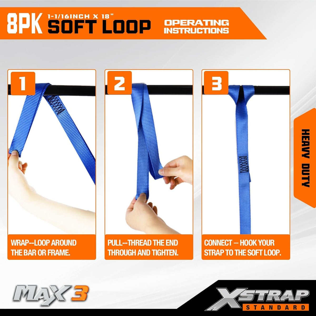 XS16004-Blue 8PK Motorcycle Soft Loop Tie-Down Straps 1-1/16 x 18 inches 3,600LB Breaking Strength, Loop Straps for Securing Trailering, Bikes, ATV, UTV, Scooters, Dirt Bikes, Lawn Equipment, Black