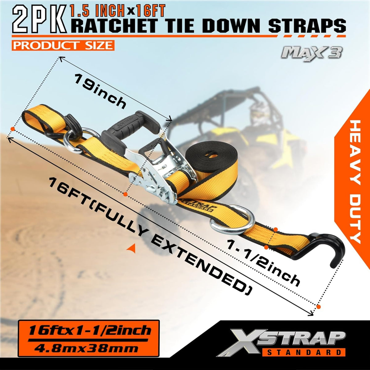 XS16092-2Y 2 Pack 1.5" x 16Ft Ratchet Tie Down Straps w/Double J Hook 3,300 lb Break Strength, Heavy Duty Tie Down Straps for ATV, UTV, Truck, Motorcycle & Cargo Hauling, , Kayak, Trailer, Yellow