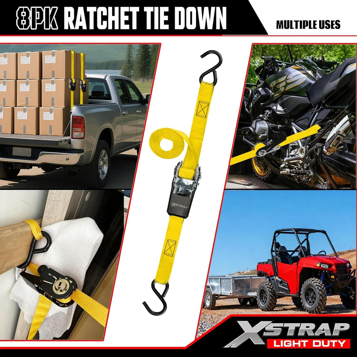 XS16044 8-PK Ratchet Tie Down Straps, 1" x 10ft Cargo Strap, Yellow	900 Lbs Break Strength Securing Straps with S-Hook for UTV, ATV, Pickup, Truck, Moving Appliances, Lawn Equipment, Yellow